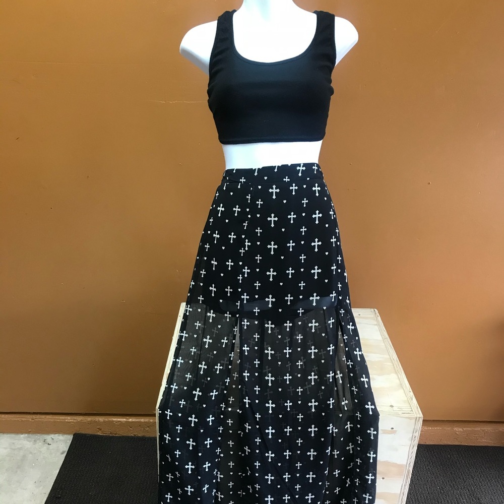Black sheer maxi skirt with shorts under.